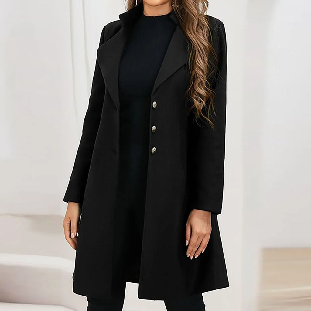 Wool Coat Women – Black Tailored Long Wool Coat with Notch Lapel