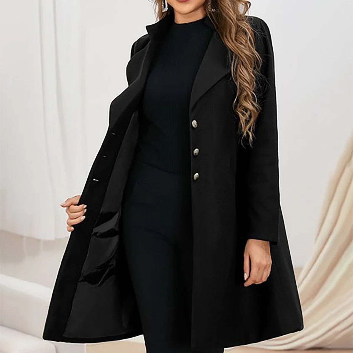 Wool Coat Women – Black Tailored Long Wool Coat with Notch Lapel