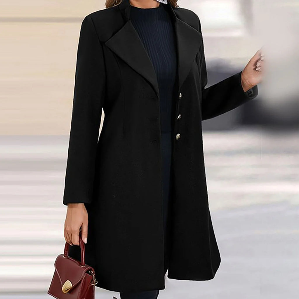 Wool Coat Women – Black Tailored Long Wool Coat with Notch Lapel