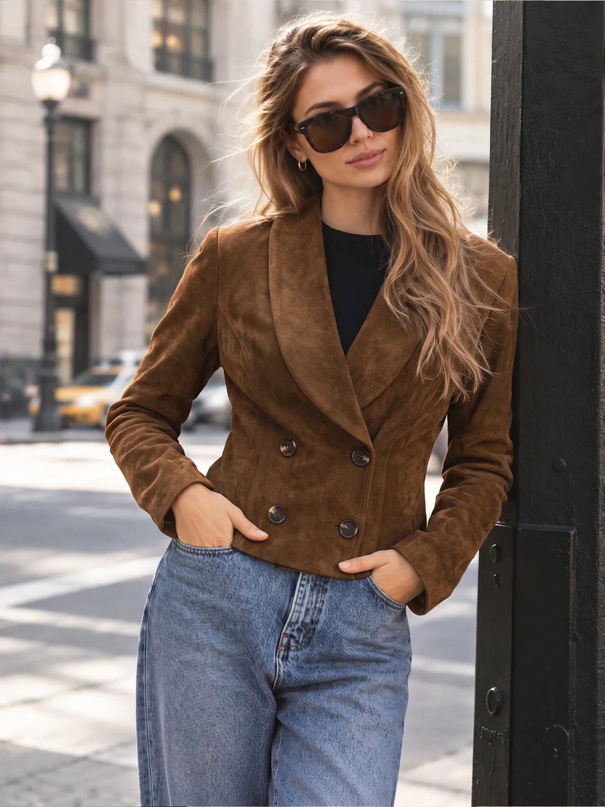 Yvette Faux Suede Blazer Double Breasted Long Sleeve