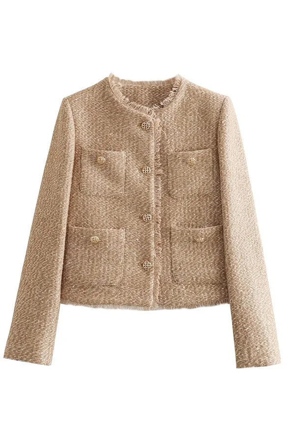 Anna Tweed Blazer for Women - Collarless Boucle Jacket with Pockets