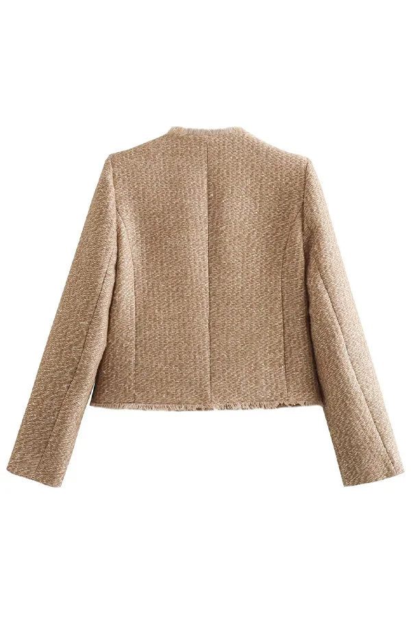 Anna Tweed Blazer for Women - Collarless Boucle Jacket with Pockets