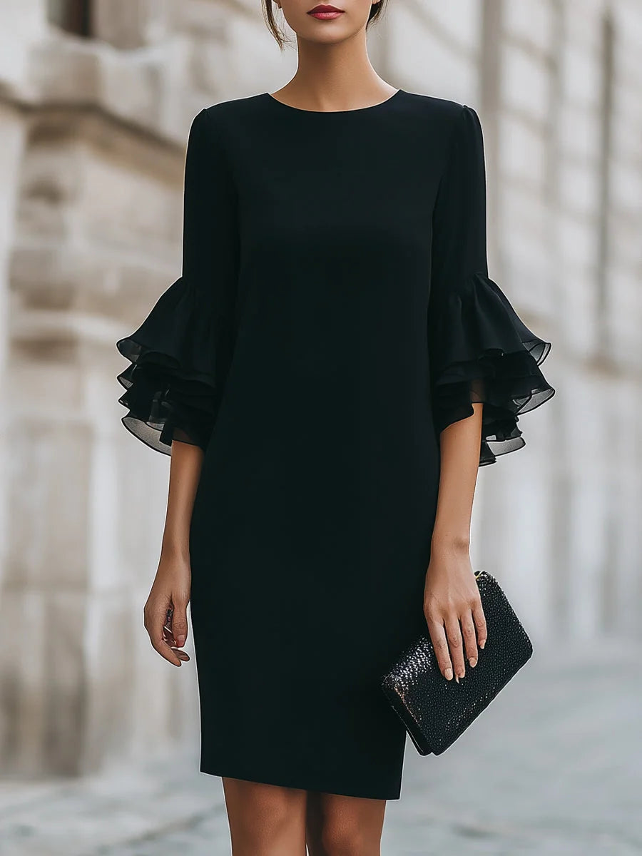 Black Midi Dress – Sheer Ruffle Sleeve