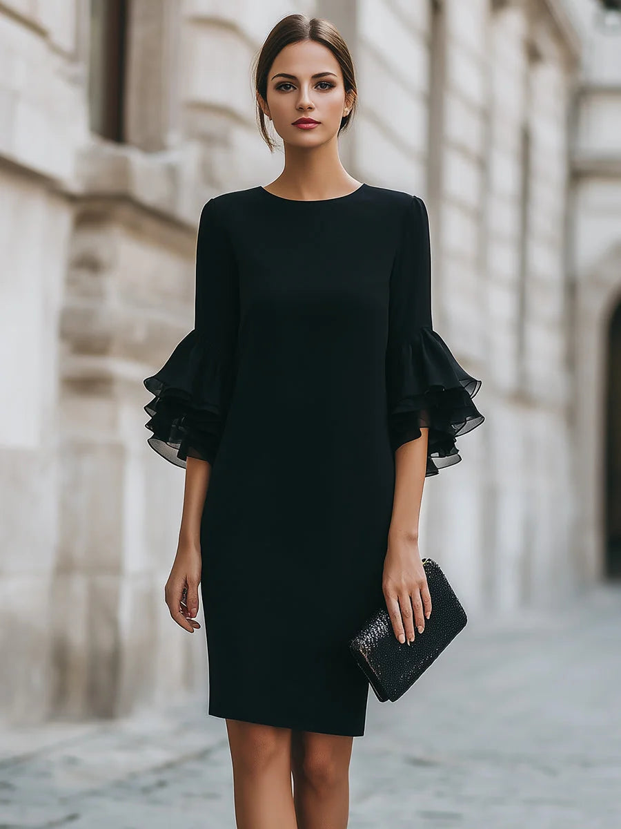 Black Midi Dress – Sheer Ruffle Sleeve