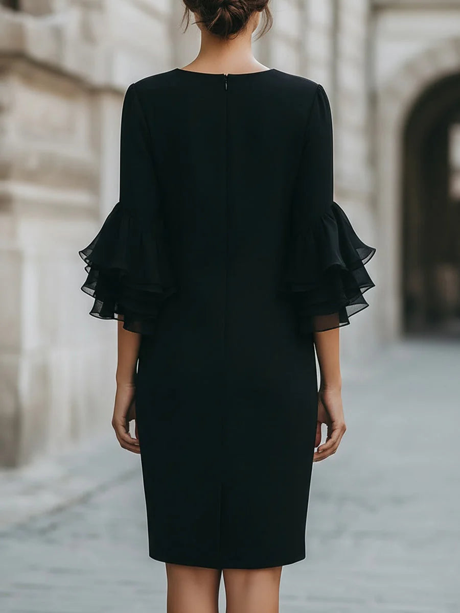 Black Midi Dress – Sheer Ruffle Sleeve