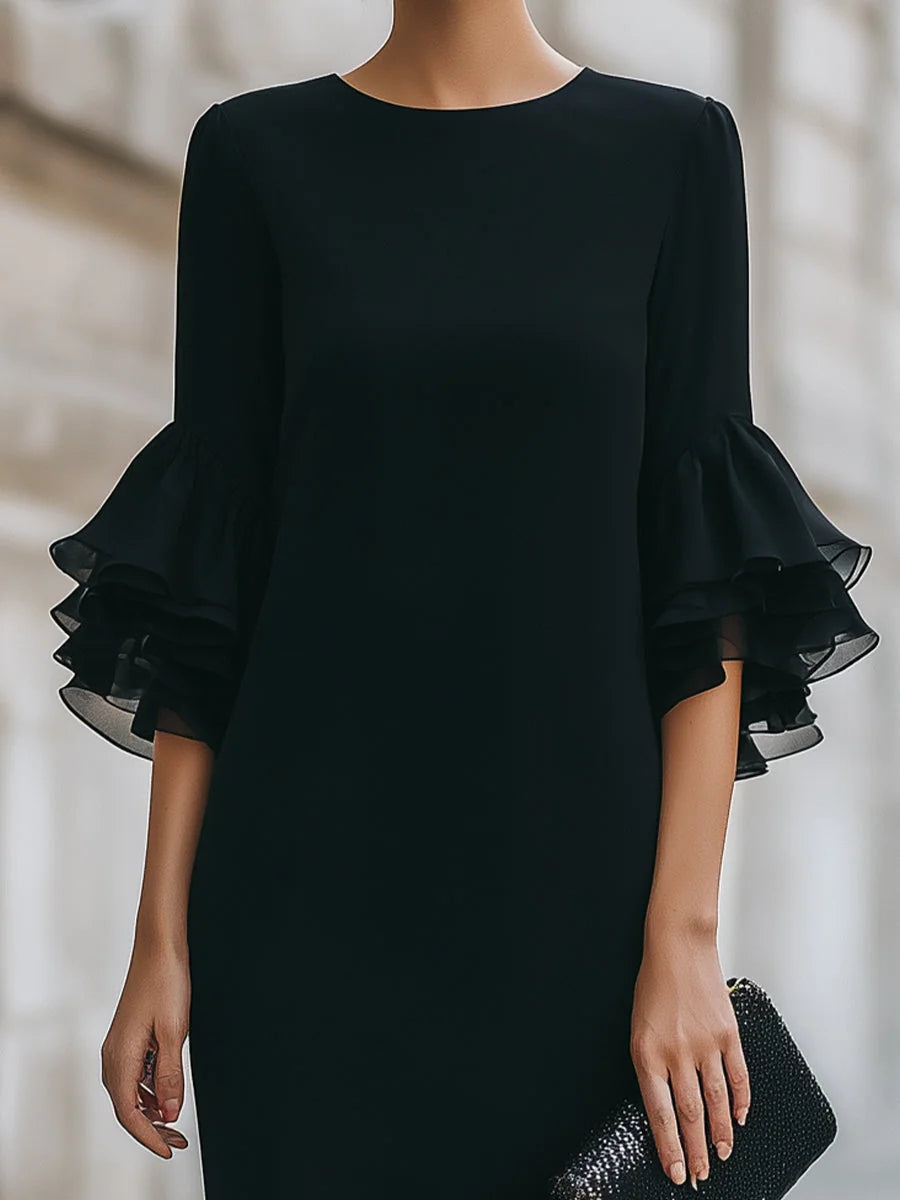 Black Midi Dress – Sheer Ruffle Sleeve