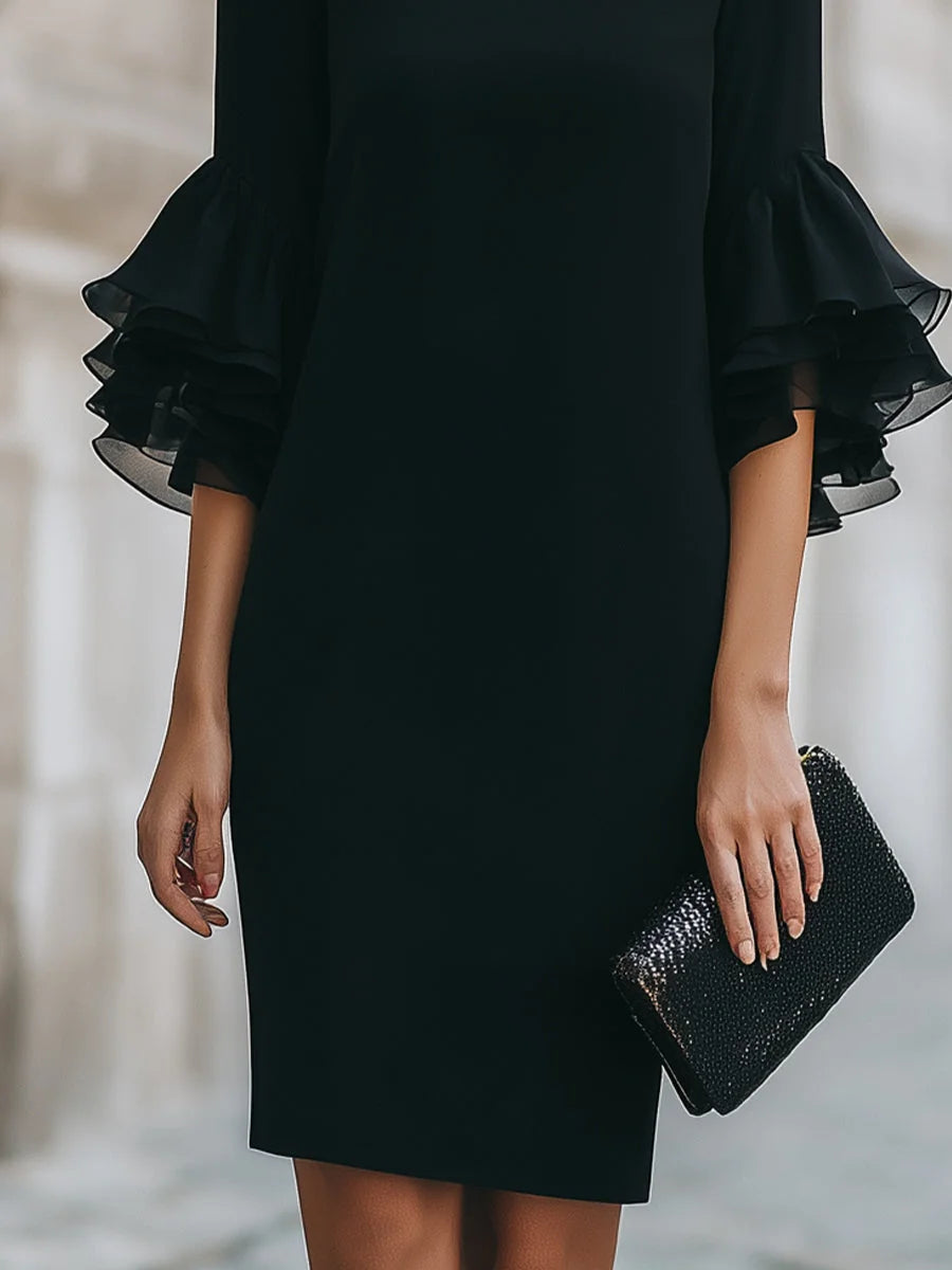 Black Midi Dress – Sheer Ruffle Sleeve