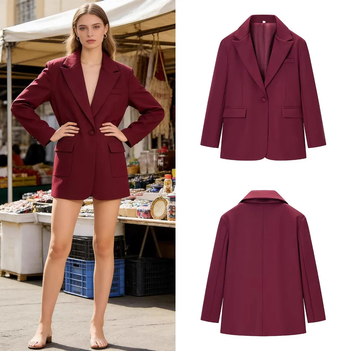 Blazer Women One Button Lapel Collar