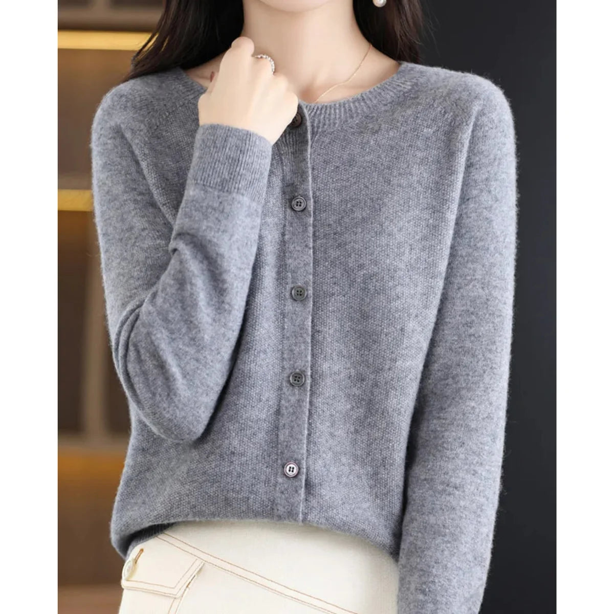 Button Front Crew Neck Cardigan Sweater