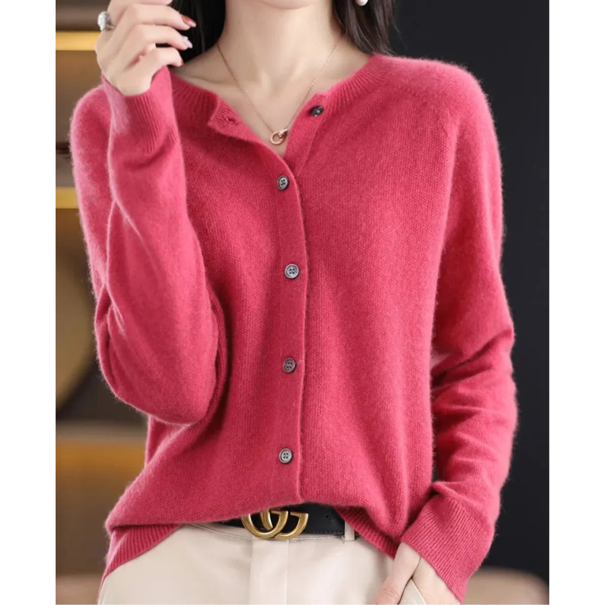 Button Front Crew Neck Cardigan Sweater