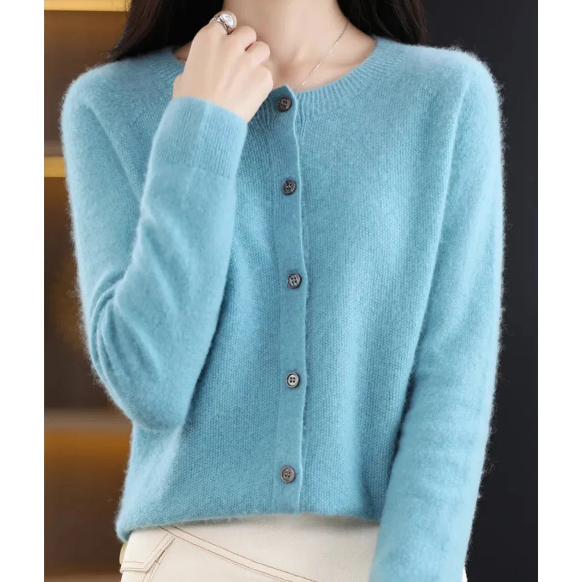 Button Front Crew Neck Cardigan Sweater