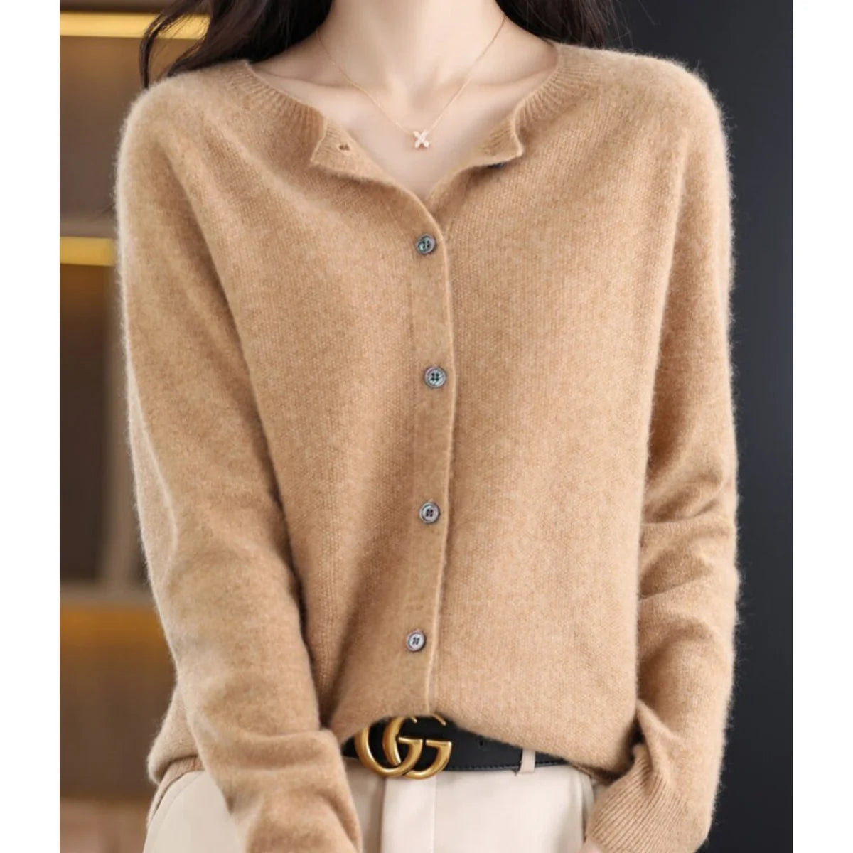 Button Front Crew Neck Cardigan Sweater