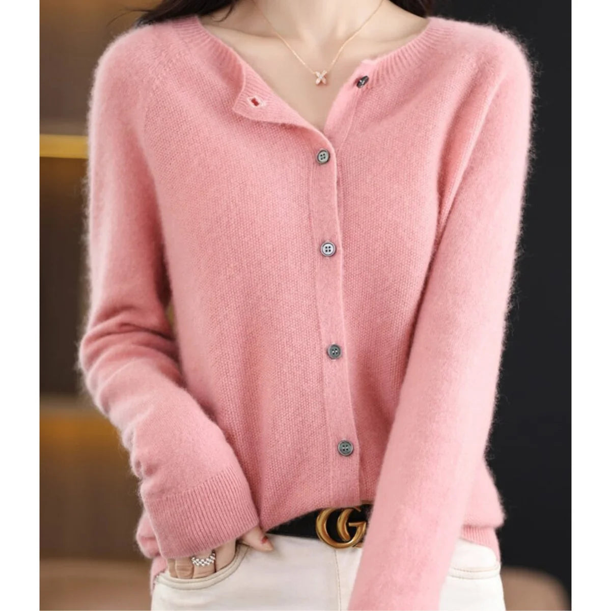 Button Front Crew Neck Cardigan Sweater