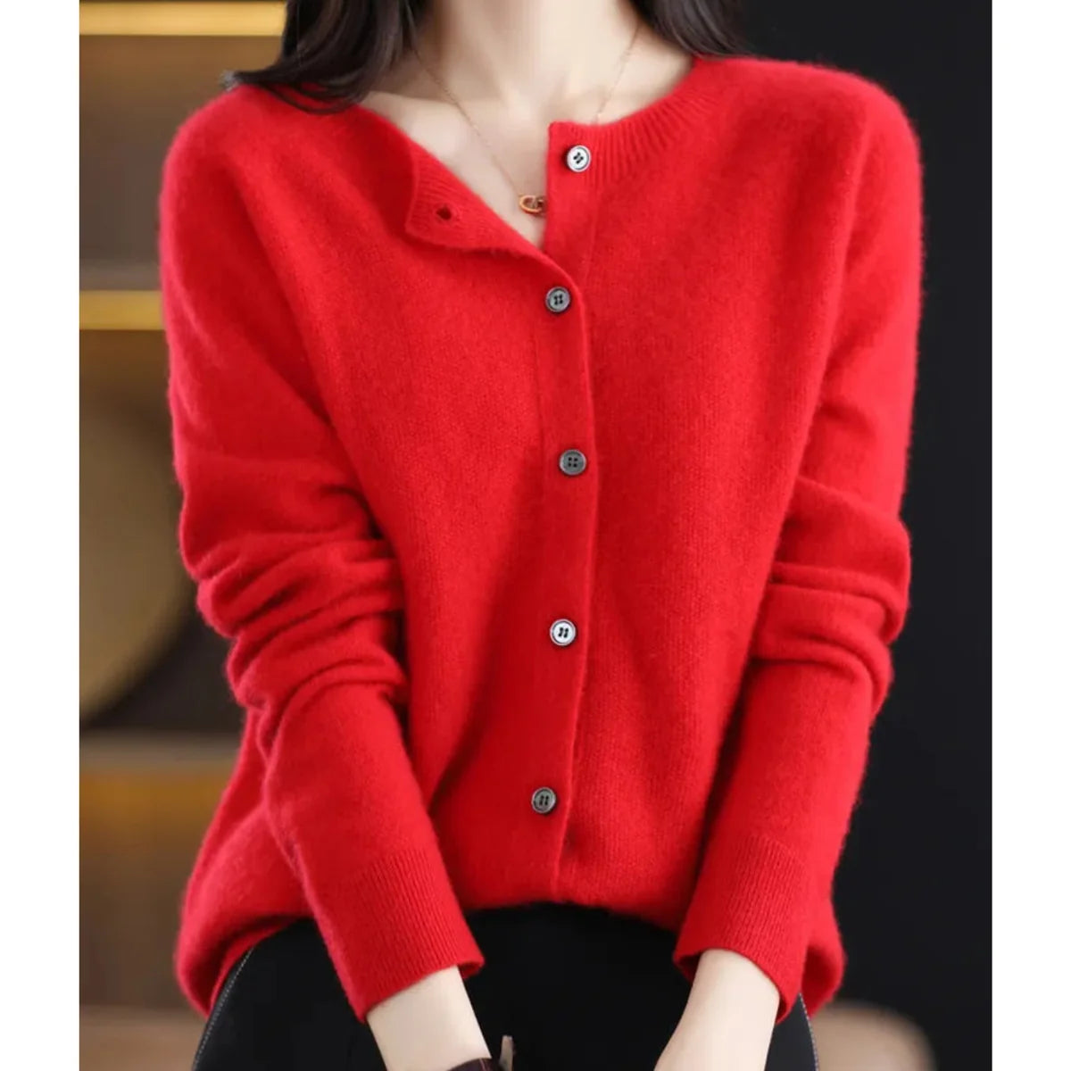 Button Front Crew Neck Cardigan Sweater