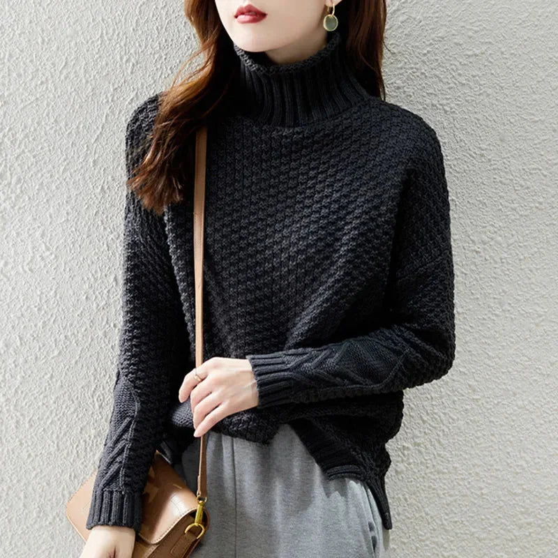 Celeste Turtleneck Sweater for Women - Oversized Cable Knit Drop Shoulder Pullover