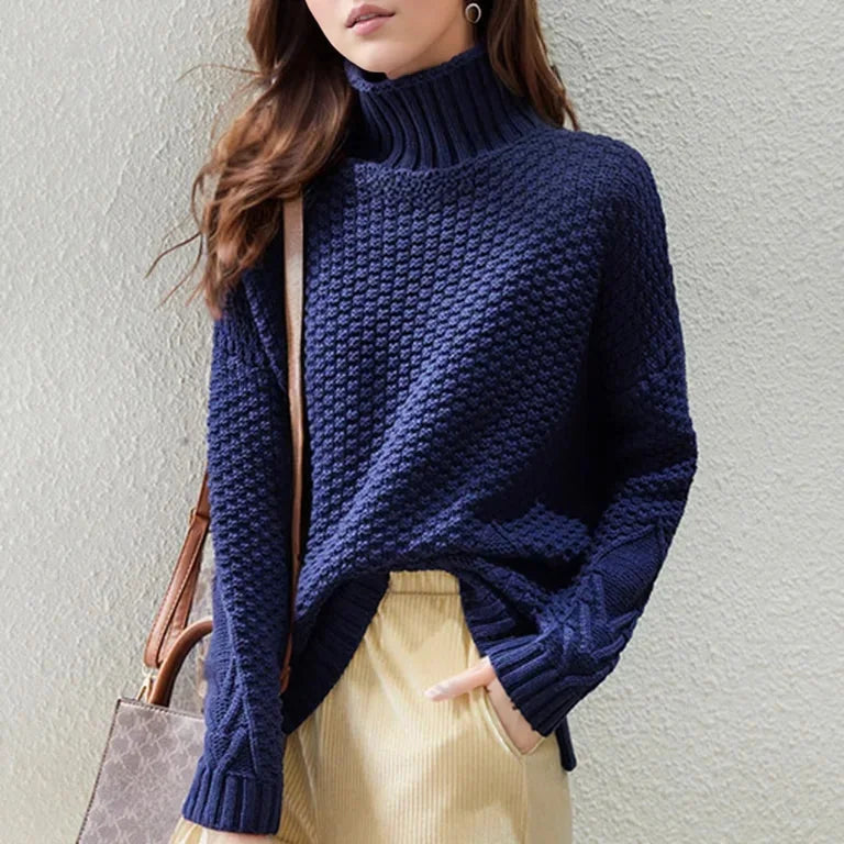 Celeste Turtleneck Sweater for Women - Oversized Cable Knit Drop Shoulder Pullover