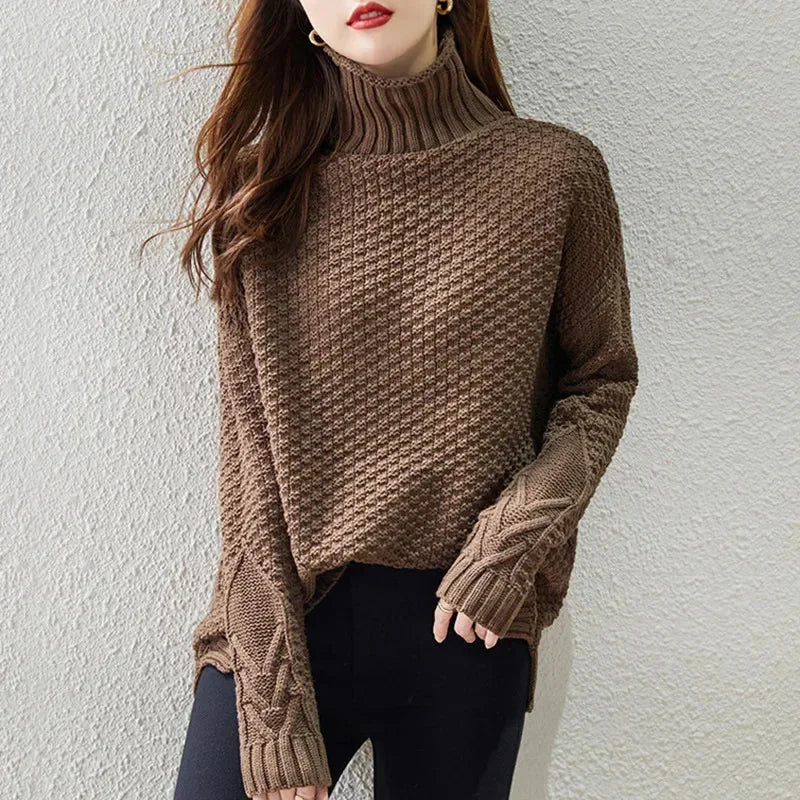 Celeste Turtleneck Sweater for Women - Oversized Cable Knit Drop Shoulder Pullover