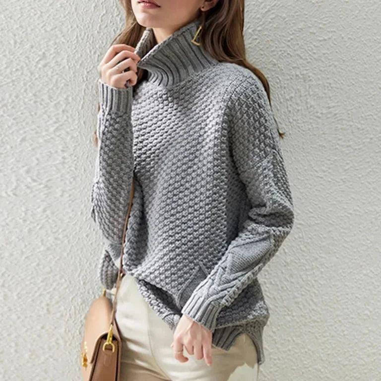 Celeste Turtleneck Sweater for Women - Oversized Cable Knit Drop Shoulder Pullover