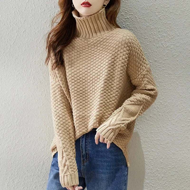 Celeste Turtleneck Sweater for Women - Oversized Cable Knit Drop Shoulder Pullover