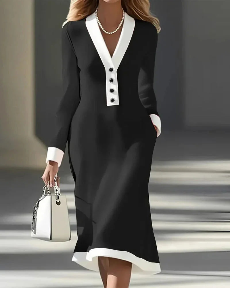 Color Block Button Front Winter Midi Dress
