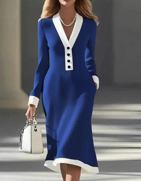 Color Block Button Front Winter Midi Dress