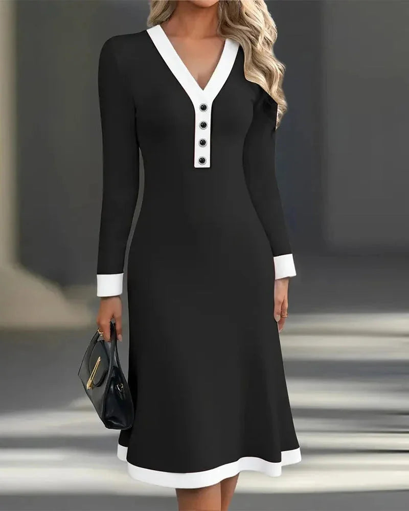 Color Block Button Front Winter Midi Dress