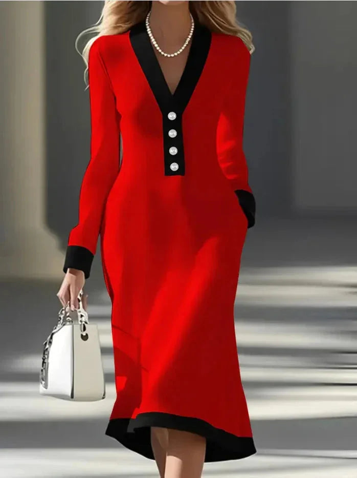 Color Block Button Front Winter Midi Dress