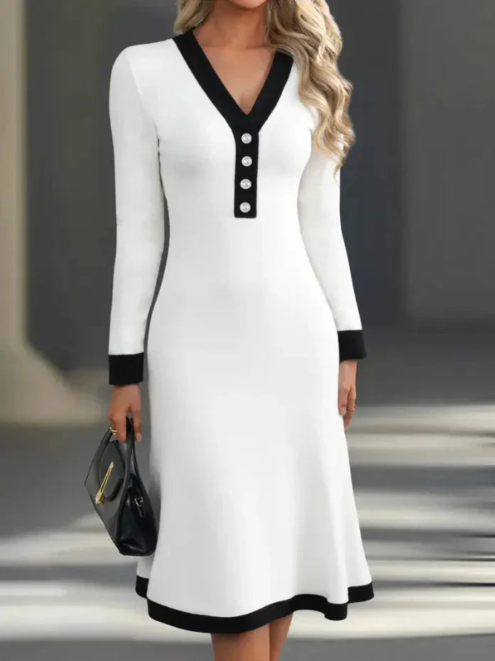Color Block Button Front Winter Midi Dress
