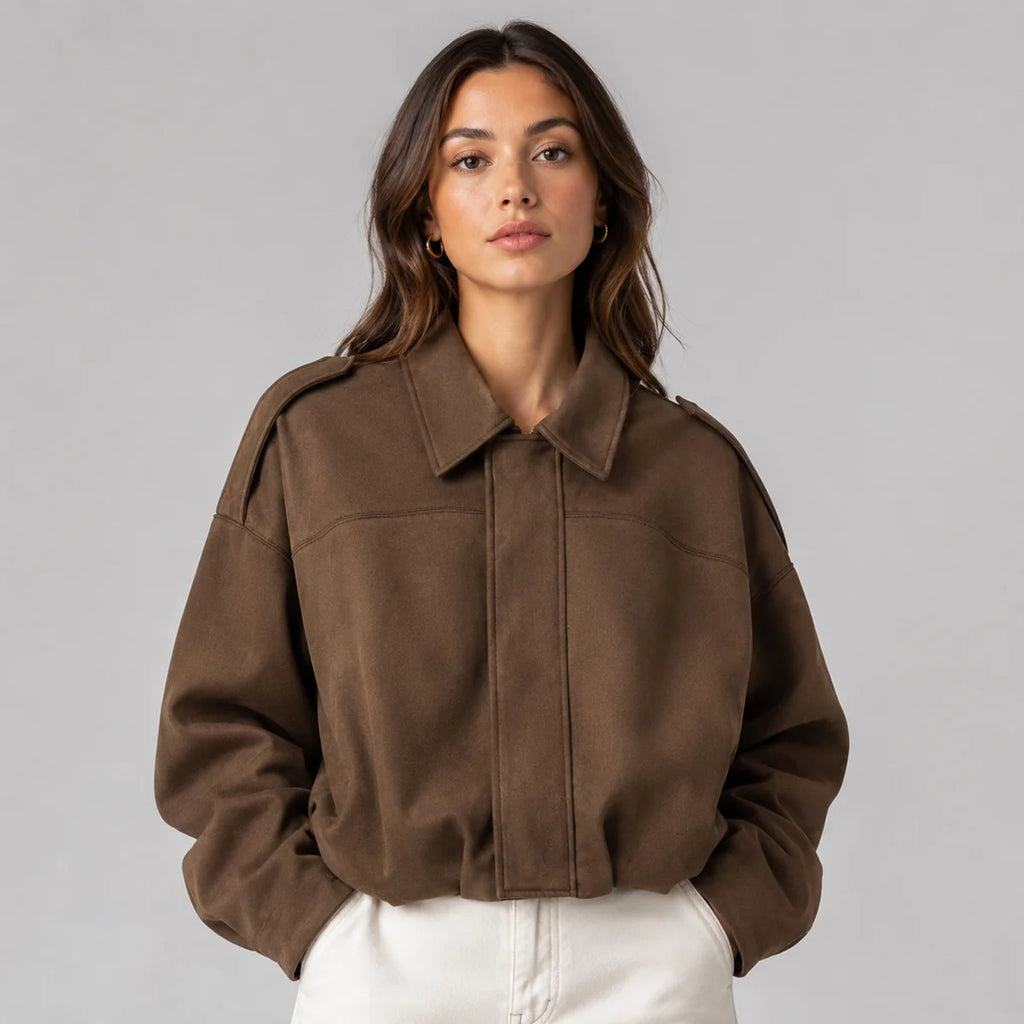 Faux Suede Bomber Jacket with Collar
