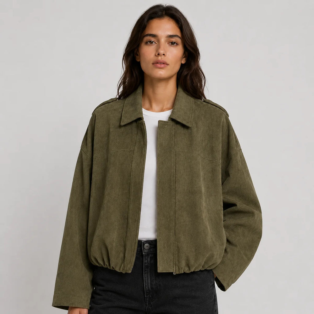 Faux Suede Bomber Jacket with Collar