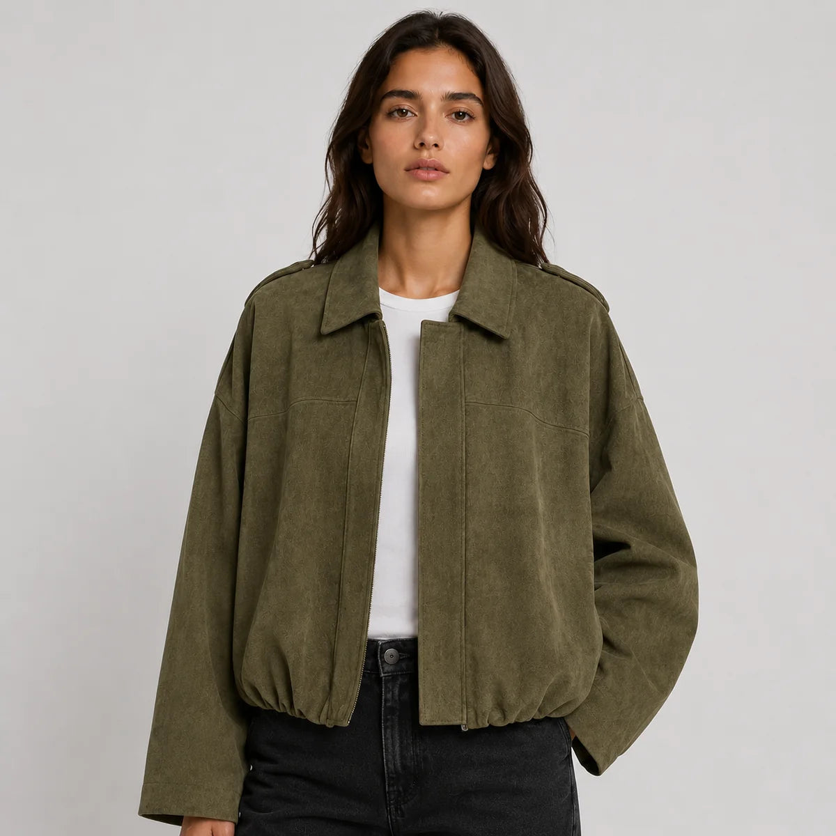 Faux Suede Bomber Jacket with Collar