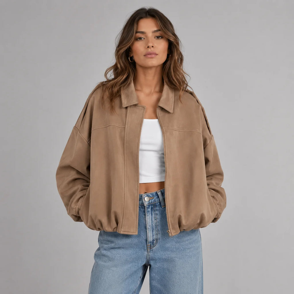 Faux Suede Bomber Jacket with Collar