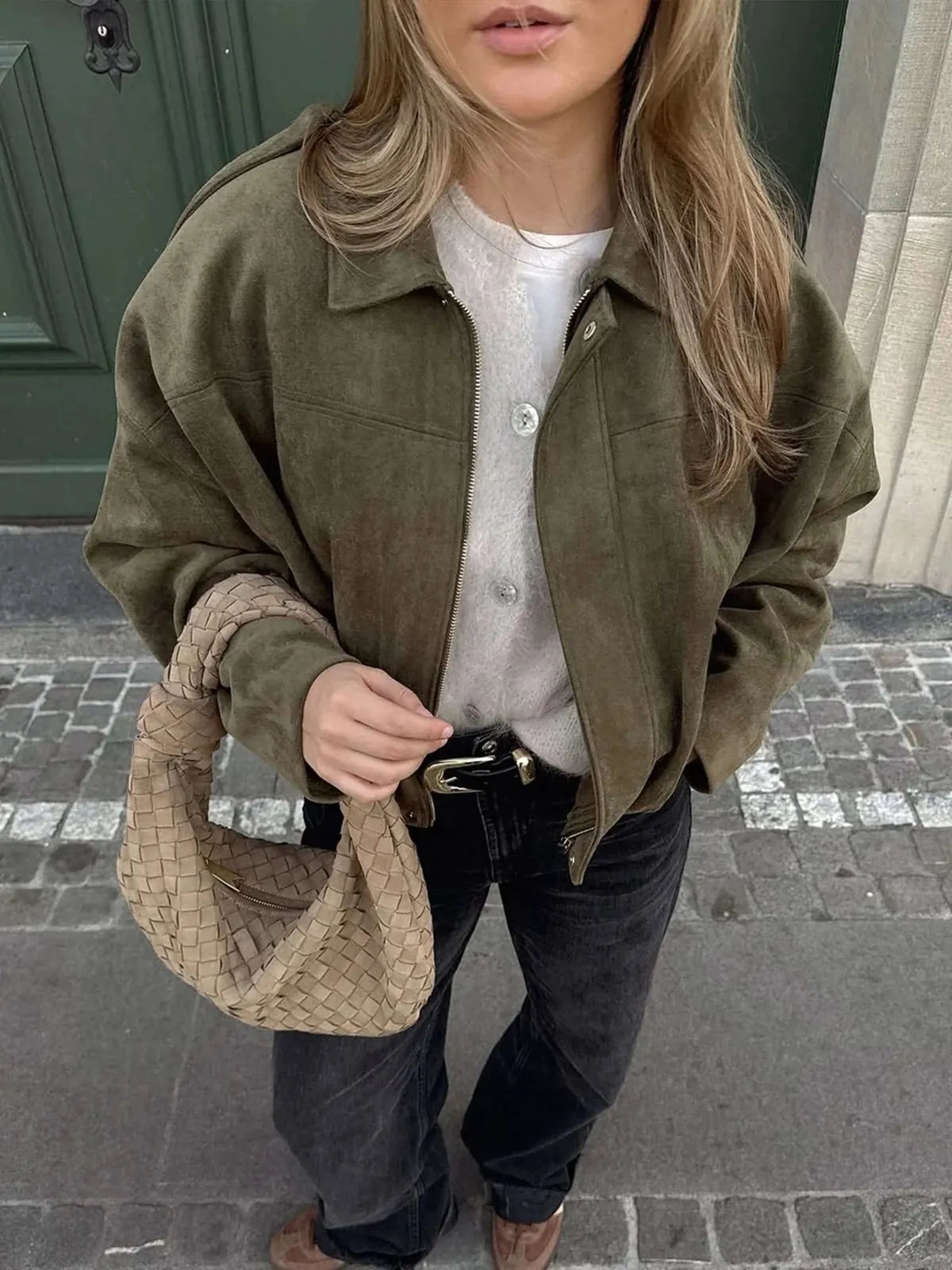 Faux Suede Bomber Jacket with Collar