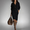 High Neck Knit Midi Dress with Buttons