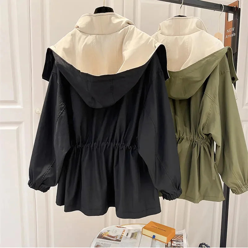 Hooded Trench Coat with Drawstring Waist