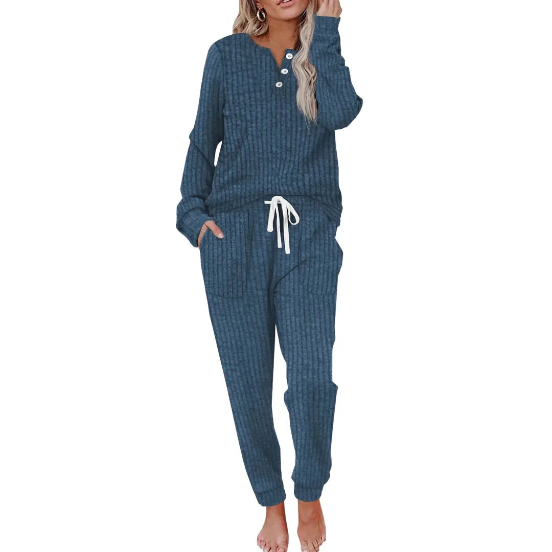 Knit Lounge Set – Beige Striped Long Sleeve Top and Wide Pants
