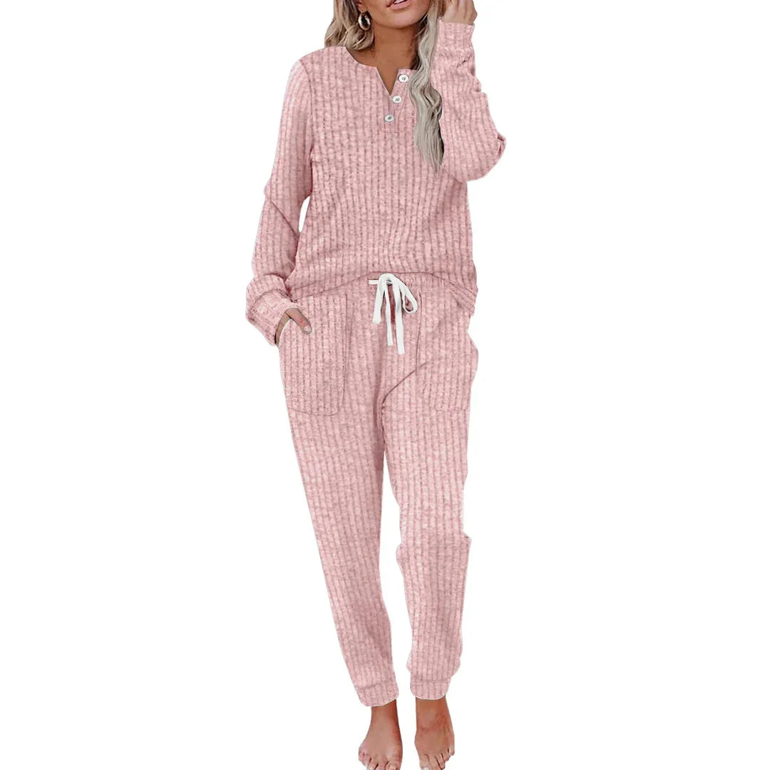 Knit Lounge Set – Beige Striped Long Sleeve Top and Wide Pants