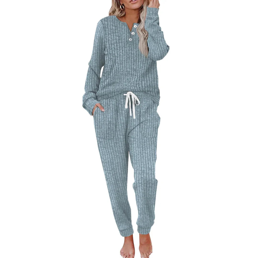 Knit Lounge Set – Beige Striped Long Sleeve Top and Wide Pants