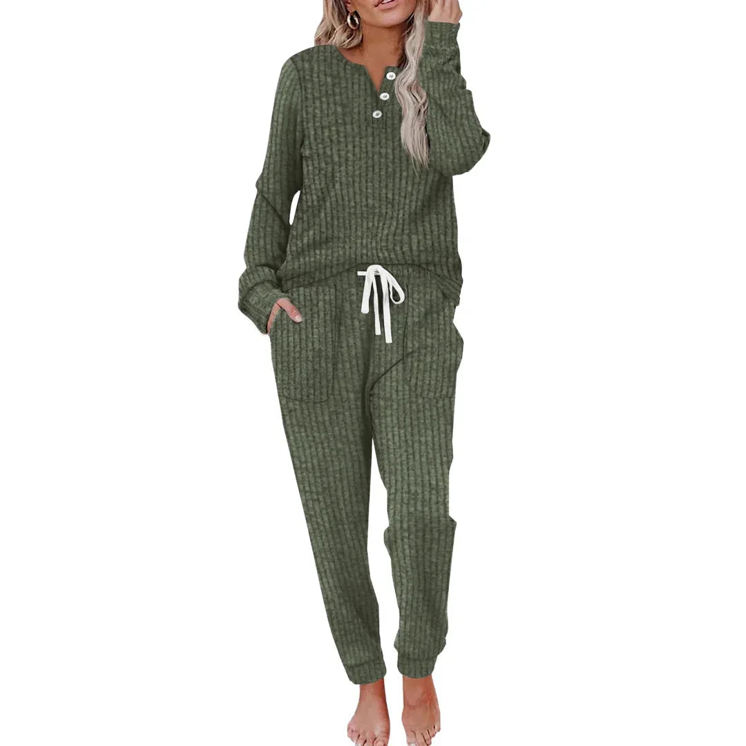 Knit Lounge Set – Beige Striped Long Sleeve Top and Wide Pants