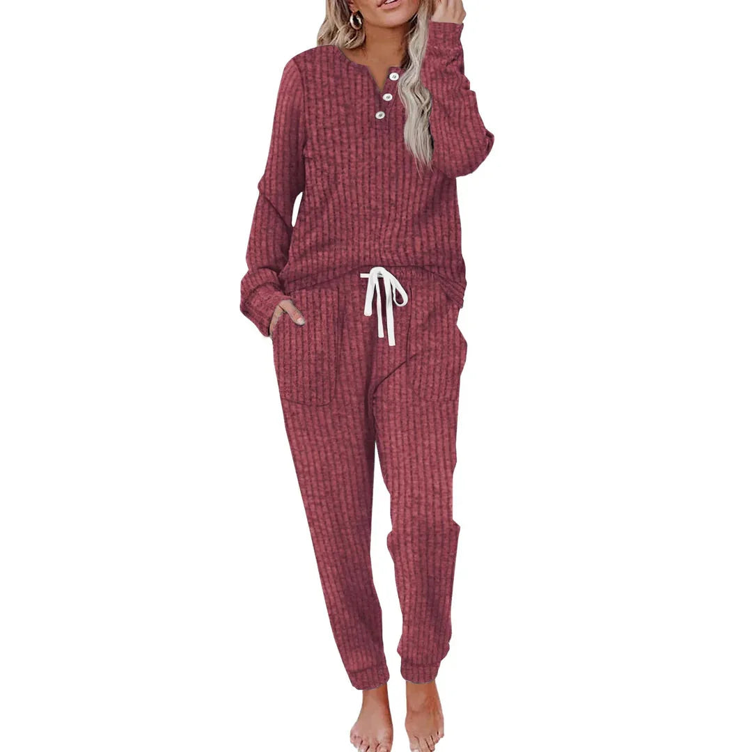 Knit Lounge Set – Beige Striped Long Sleeve Top and Wide Pants