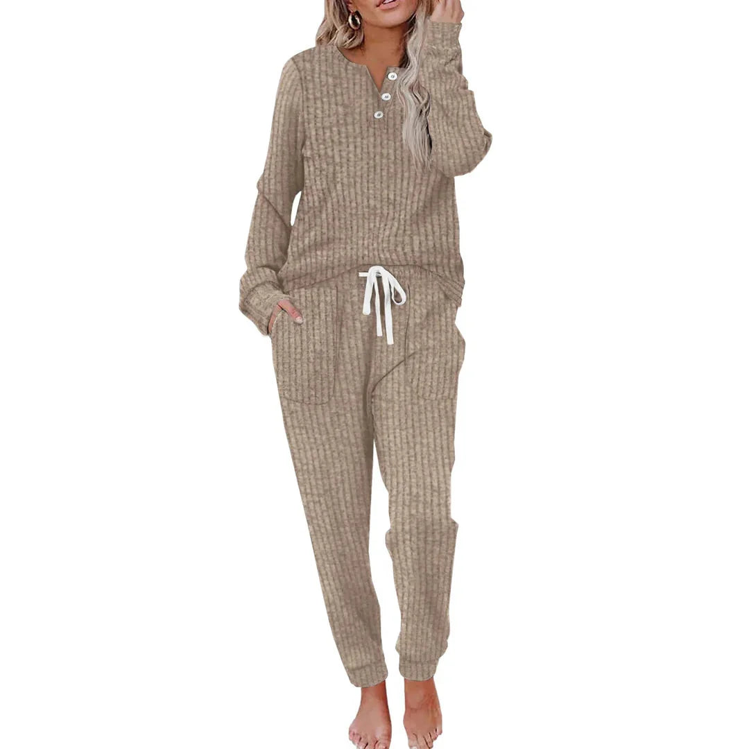 Knit Lounge Set – Beige Striped Long Sleeve Top and Wide Pants