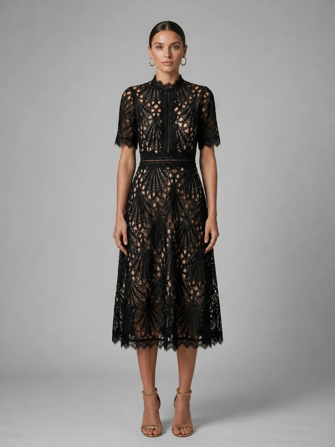 Lace Midi Dress with High Neck