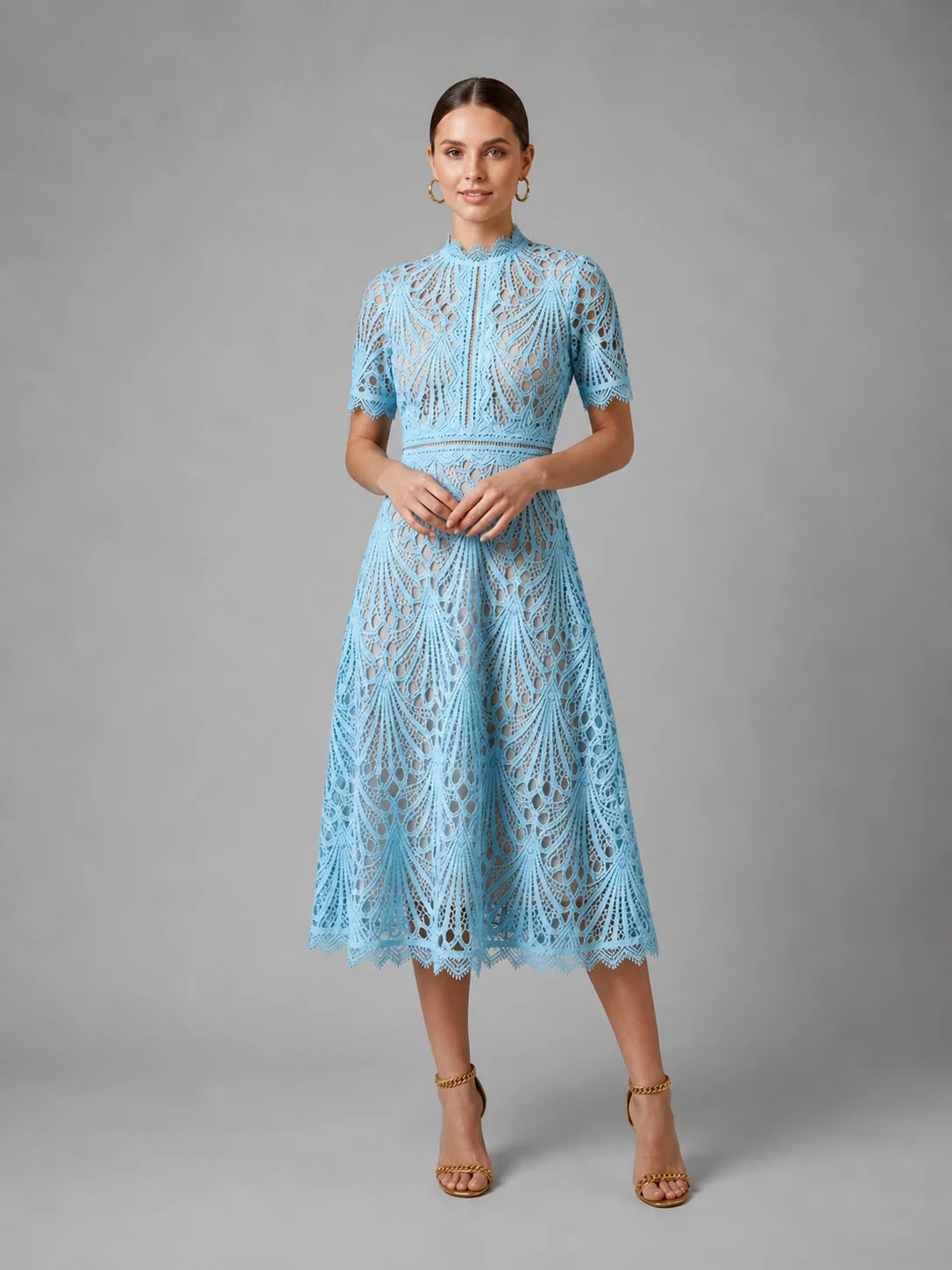 Lace Midi Dress with High Neck