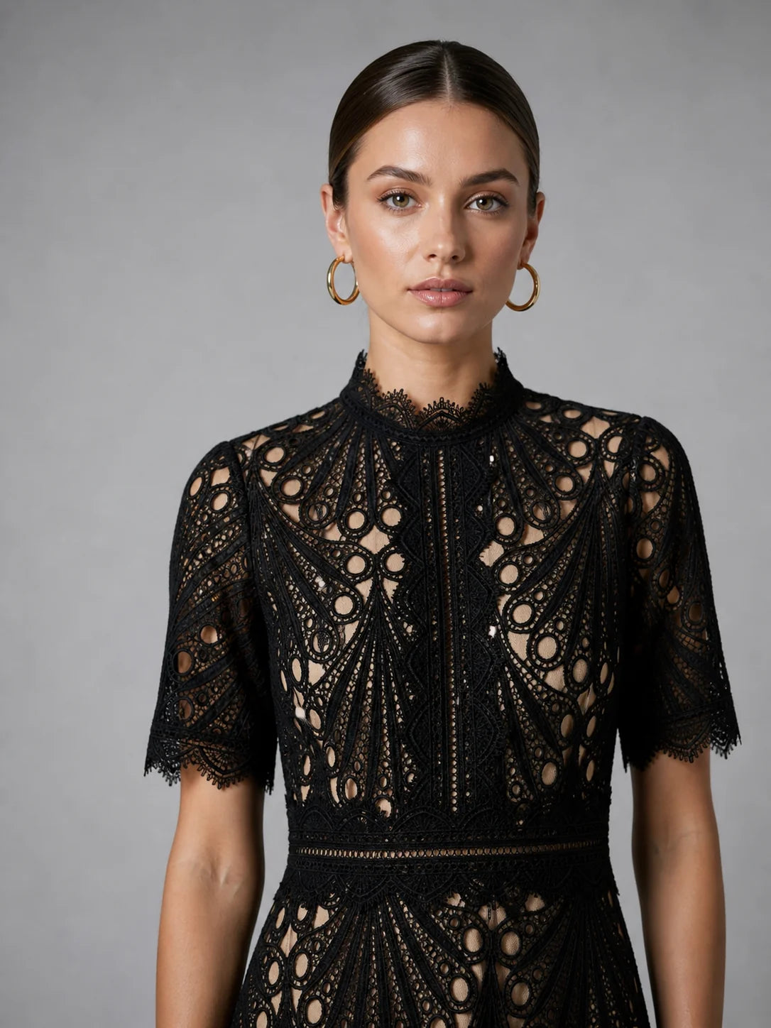 Lace Midi Dress with High Neck