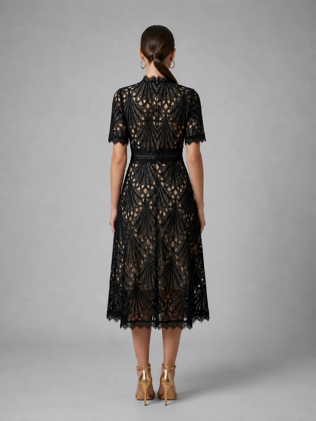 Lace Midi Dress with High Neck