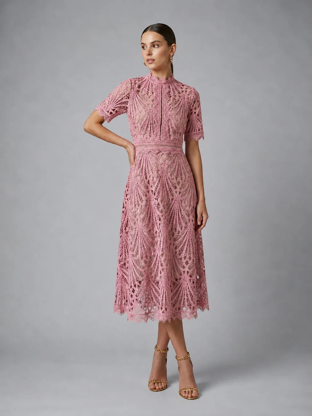 Lace Midi Dress with High Neck