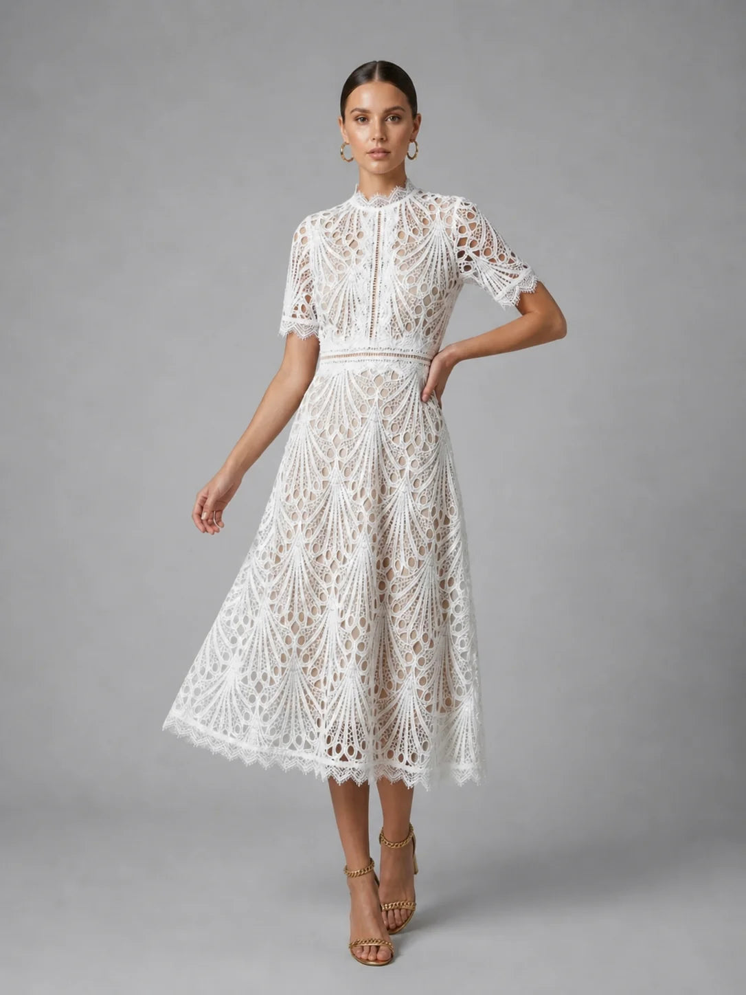 Lace Midi Dress with High Neck
