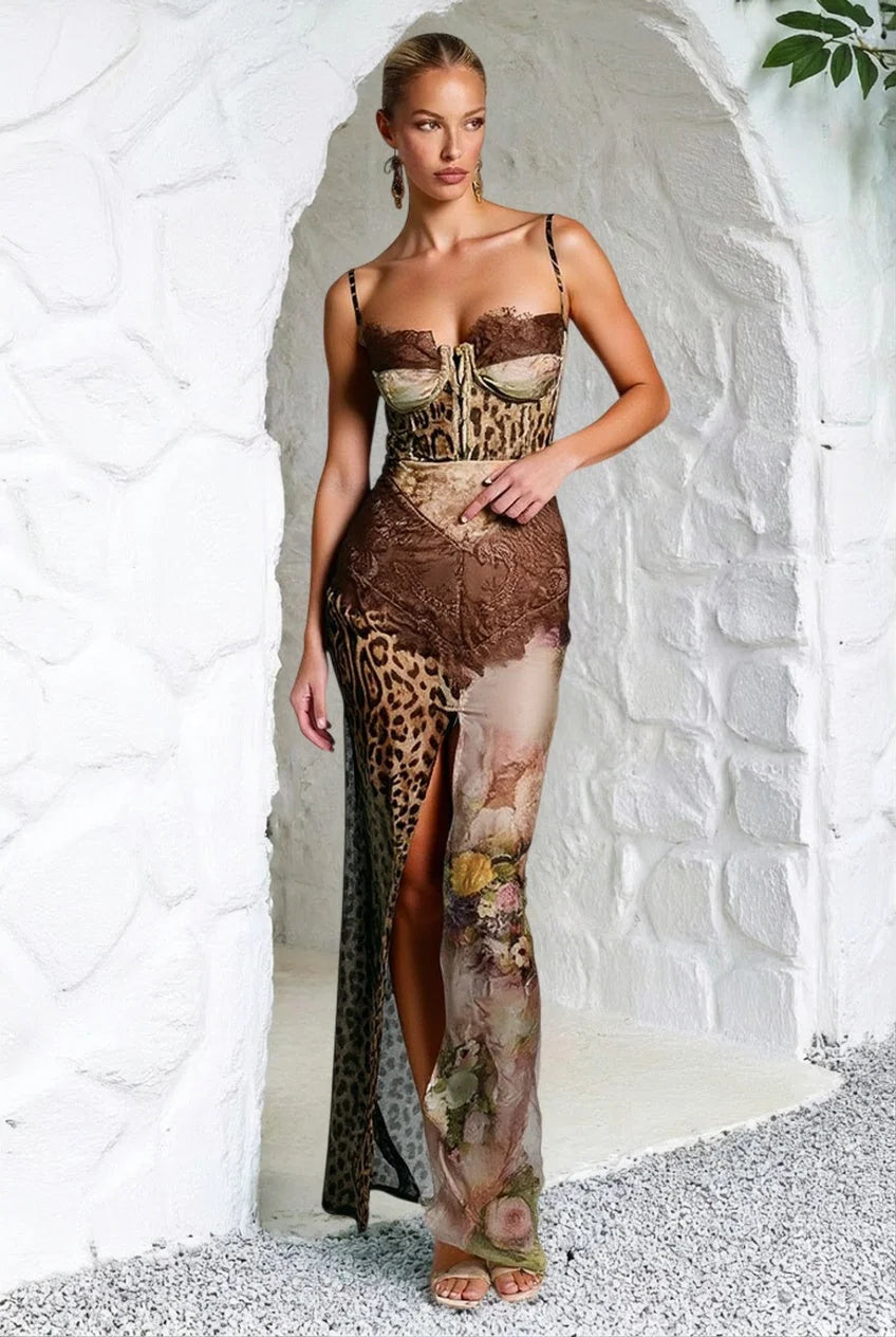 Leopard Lace Mesh Midi Dress