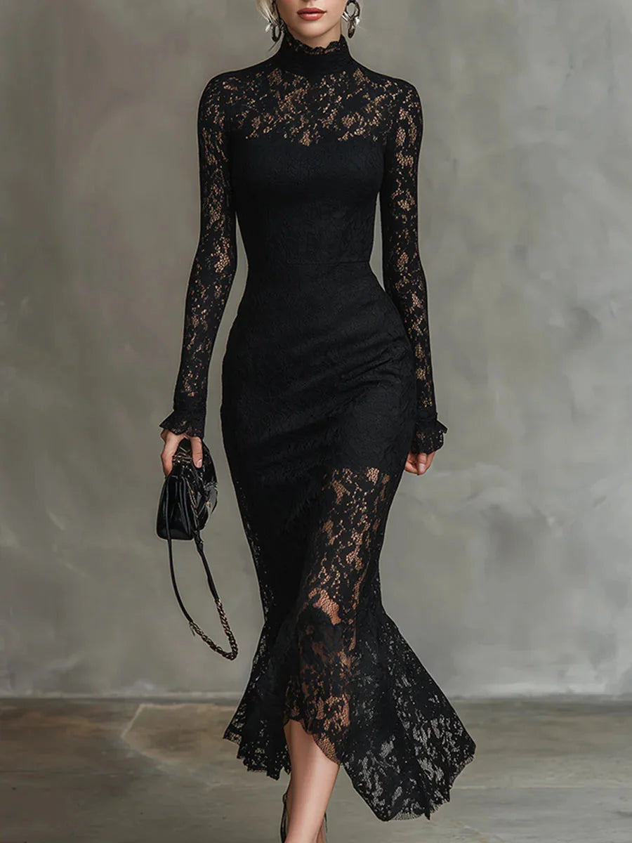 Long Sleeve Lace Maxi Dress with High Neck
