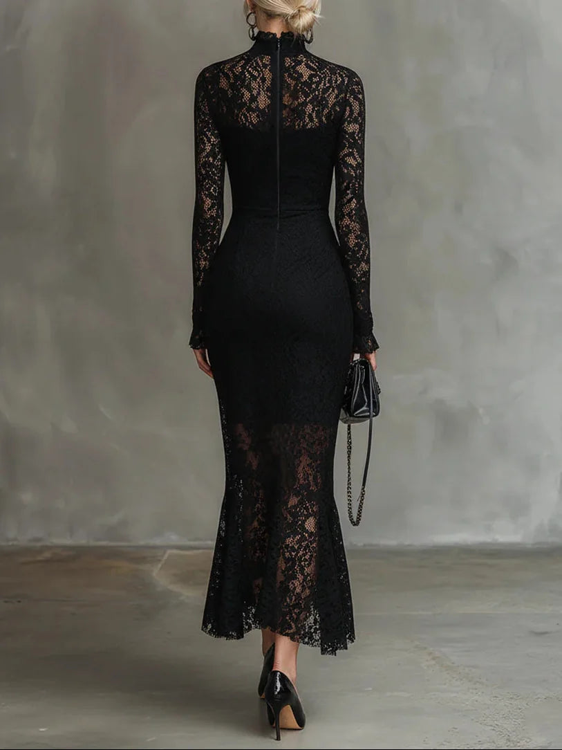 Long Sleeve Lace Maxi Dress with High Neck